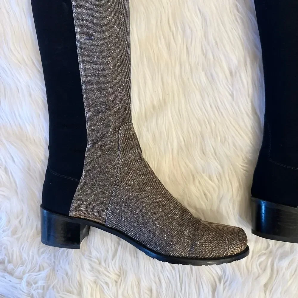 Stuart Weitzman 5050 Reserve Over the Knee High Boot Heeled Pyrite Glitter Black